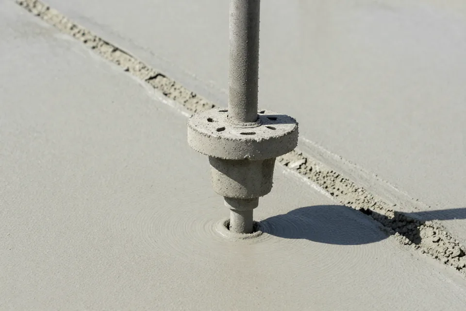 A worker vibrates one spot of the fresh slab for a long time. The concrete will: